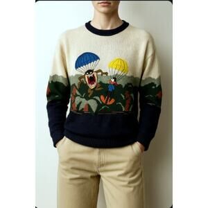 VTG 90s St Michael Looney Tunes Novelty Sweater Taz & Daffy Parachute  Sz S Rare